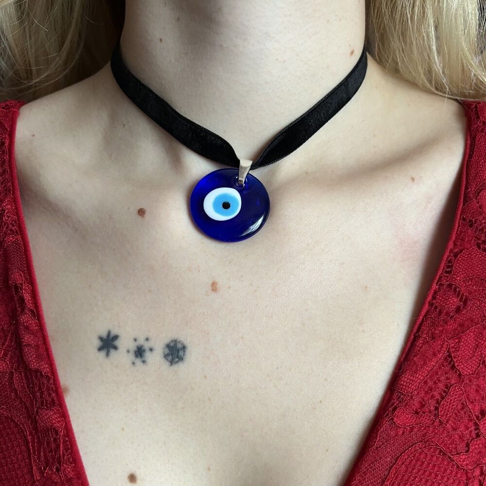 Glass Evil Eye Talisman Choker on Black Velvet Ribbon with Silver Accents Boho